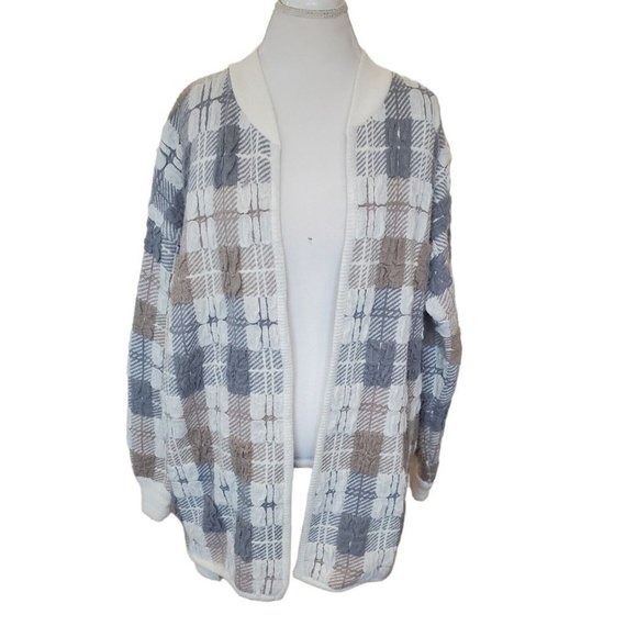 Vintage 70s Womens Chunky Knit Oversized Cardigan Plaid Open Front Textured Sz L - Picture 3 of 11